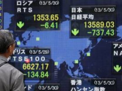 Un viandante observa una pantalla electrónica que muestra varios valores bursátiles en una calle de Tokio (Japón). EFE/Archivo