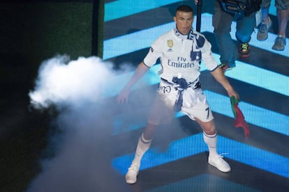Cristiano Ronaldo, este domingo en la celebración en el Bernabéu de la victoria del Real Madrid en la Liga de Campeones.