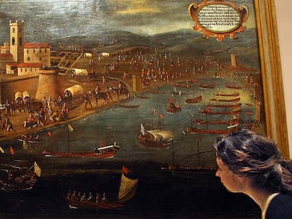 Cuadro de Pere Oromig y Francisco Peralta (1613) de la expulsión de los moriscos en Vinaròs que se muestra en una exposición de la Universidad de Valencia.