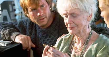 Actor Bill Paxton, who played Brock Lovett, with actress Gloria Stuart, as Rose Calvert, in a scene from 'Titanic.'  