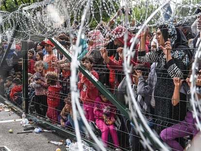 Refugiados se agolpan en la frontera húngara con Serbia en 2015.