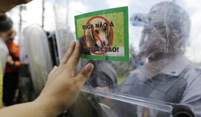 Protesta ante el centro de experimentaci&oacute;n, este s&aacute;bado.