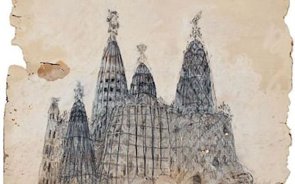 Dibujo con la perspectiva exterior de la iglesia de la Colonia Güell, de Antoni Gaudí