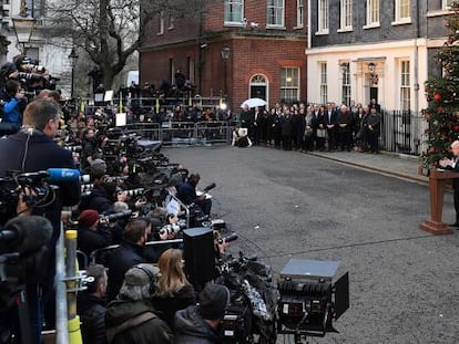 Boris Johnson speaks to the press after winning the UK election.