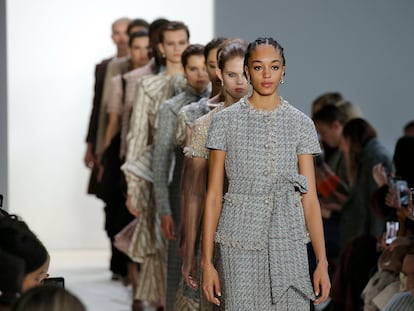 NEW YORK, NY - FEBRUARY 08: A model walks the runway at the Brock Collection Ready to Wear Fall/Winter 2019-2020 fashion show during New York Fashion Week on February 8, 2019 in New York City. (Photo by Victor VIRGILE/Gamma-Rapho via Getty Images)