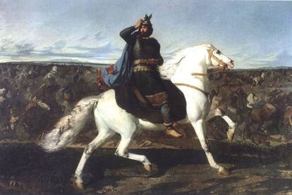 <i>Don Rodrigo cabalgando a lomos de un caballo blanco en la batalla del Guadalete</i> (1858), óleo de Marcelino de Unceta y López.
