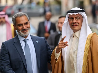 El secretario general de la OPEP, Haitham al-Ghais, y el ministro saudí de Energía, Abdulaziz bin Salman, este miércoles en Viena.