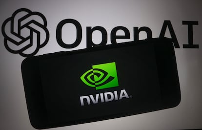 The Nvidia logo appears on a mobile phone, and the OpenAI logo is on a laptop screen in the background, in this photo illustration in Srinagar, Jammu and Kashmir, on January 30, 2025. (Photo Illstration by Firdous Nazir/NurPhoto via Getty Images)