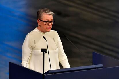 La presidenta del Comité Noruego del Nobel, Berit Reiss-Andersen, pronuncia el discurso de entrega de los Premios Nobel de la Paz 2018.