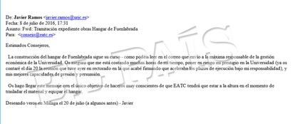 Correo de Javier Ramos a los socios de EATC sobre el proyecto del hangar.