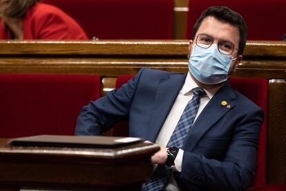 El presidente Pere Aragones, en un momento del Pleno del debate a la totalidad de los presupuestos. / ALBERT GARCIA