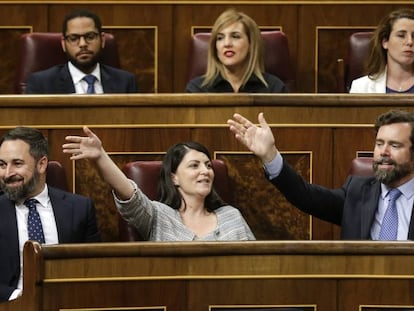 En la parte inferior de la foto, Santiago Abascal, Macarena Olona e Iván Espinosa de los Monteros, durante un pleno del Congreso.