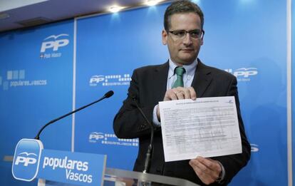Basagoiti enseña el folio en el que resume los recortes del Gobierno vasco, en su rueda de prensa ayer en la sede del PP en Bilbao.