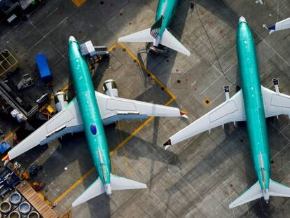 Aviones 737 MAX de Boeing aparcados en la factor&iacute;a de la empresa en Renton (Washington, EE UU).