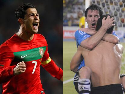 Cristiano Ronaldo y Messi, abrazado a Agüero, celebran goles.