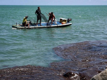 Pescadores recolhem óleo na praia de Janga, em Paulista, Pernambuco.