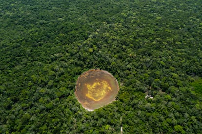 Un cenote a cielo abierto contaminado por la presencia de granjas porcícolas en la región, en Muna, Yucatán, en 2022. 