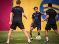 Raphinha, en el entrenamiento de este jueves del Barcelona.