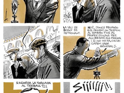 Una página del cómic "8 hores", del guionista Pepe Gálvez y el dibujante Alfons López, sobre la vida de Salvador Seguí.