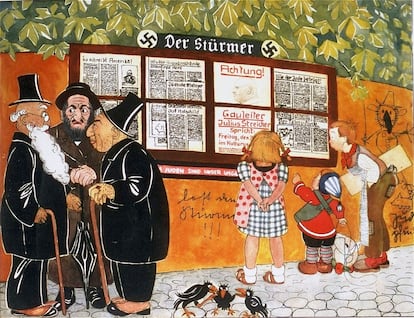 An illustration from the anti-Semetic children's book, ‘Trust No Fox on His Green Heath and No Jew on His Oath,’ showing three children reading pages from the official Nazi newspaper ‘Der Stürmer,’ while three Jewish caricatures stand nearby.