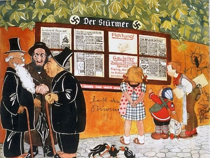 An illustration from the anti-Semetic children's book, ‘Trust No Fox on His Green Heath and No Jew on His Oath,’ showing three children reading pages from the official Nazi newspaper ‘Der Stürmer,’ while three Jewish caricatures stand nearby.