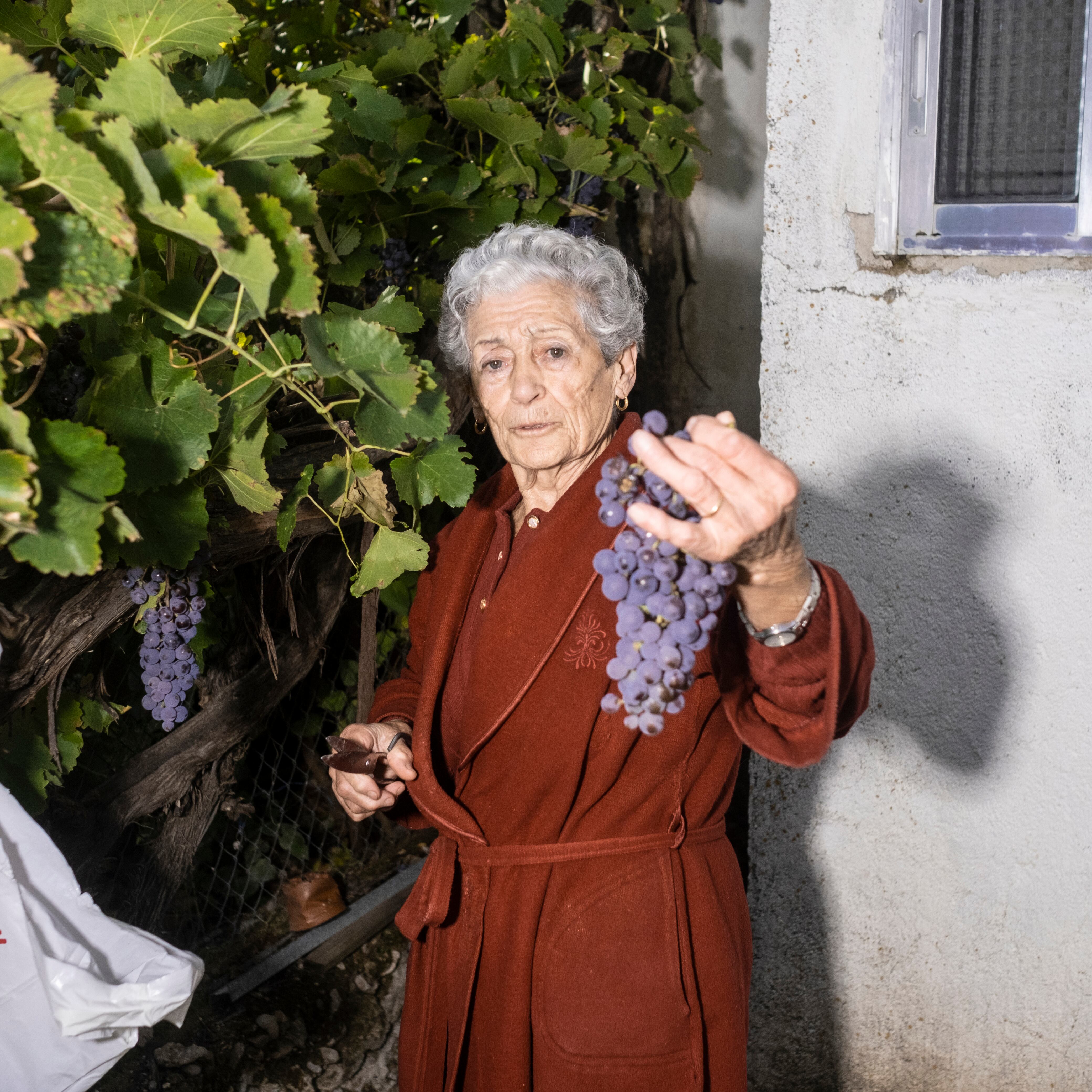 Julia, con un racimo de uvas en el huerto de su casa. 