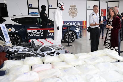 Parte del alijo incautado en la Operación Polaris, en la que se intervino cerca de media tonelada de 'speed' en Bizkaia el pasado jueves en una muestra a la que asistió la delegada del Gobierno en el País Vasco, Marisol Garmendia, y el jefe de la sección de drogas sintéticas de la Brigada Central de Estupefacientes (UDYCO), Alejandro Martín-Blas.