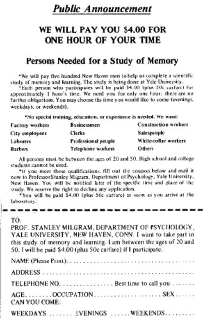 Cartel buscando voluntarios para los experimentos de Milgram en la Universidad de Yale.