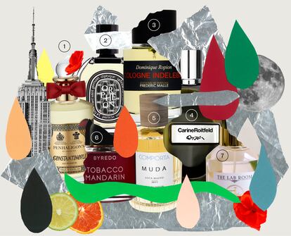 1. Constantinople, de Penhaligon’s. Con iris, geranio, pachuli, musgo, pino, pimienta rosa y lavanda. 204 euros (100 mililitros).
2. Orphéon, de Diptyque. Sueño olfativo fresco, florido y sensual dominado por el cedro y el pachuli. 112 euros (75 ml).
3. Dominique Ropion Indelebile, de Frederic Malle. Con naranja amarga. 215 euros (100 ml).
4. Orson, de Carine Roitfeld. Floral oriental inspirado en Nueva York. 220 euros (100 ml).
5. Muda, de Comporta. Con notas olfativas de geranio, café, limón y mirra, entre otras. 140 euros (100 ml).
6. Tobacco Mandarin, de Byredo. Con mandarina, cilantro, comino, cuero, sándalo y oud. 245 euros (100 ml).
7. Magnolia Lime, de The Lab Room. La magnolia se alía con el frescor de la lima ácida. 32 euros (100 ml).