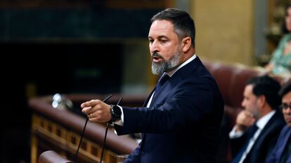 El líder de Vox, Santiago Abascal interviene en la segunda votación de la investidura del líder del Partido Popular y candidato presidencial, Alberto Núñez Feijóo, este viernes en el Congreso.