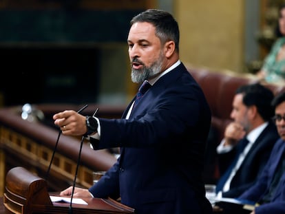 El líder de Vox, Santiago Abascal interviene en la segunda votación de la investidura del líder del Partido Popular y candidato presidencial, Alberto Núñez Feijóo, este viernes en el Congreso.