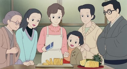 Moment from 'Memories of Yesterday' in which the characters prepare to eat pineapple.