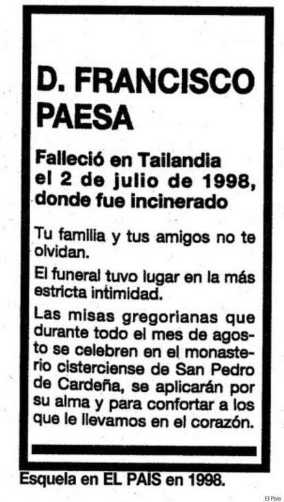 Esquela de la muerte de Paesa, publicada por su hermana María en1998 en EL PAÍS.