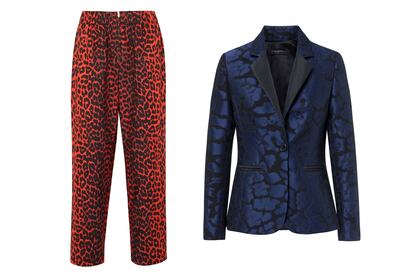 Estampado animal

Pantalón con animal print rojo de Ganni (170€).

Blazer de jacquard con animal print azul de Javier Simorra (248€).