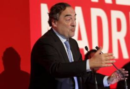 El presidente de la CEOE, Juan Rosell, durante su intervención en la asamblea general de la patronal empresarial madrileña CEIM.