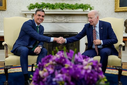 President Joe Biden shakes hands with Spain's Prime Minister Pedro Sanchez as they meet in the Oval Office of the White House in Washington, Friday