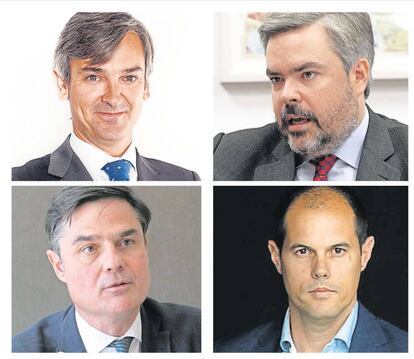 De arriba a abajo, y de izquierda a derecha, Rafael Soldevilla, director de productos de A&G Banca Privada; Manuel Gutiérrez-Mellado, director de negocio institucional de BlackRock para España y Portugal; José Luis del Río, consejero delegado de Arcano Asset Management; y Pablo Rodríguez, socio de iAdvise Partners.