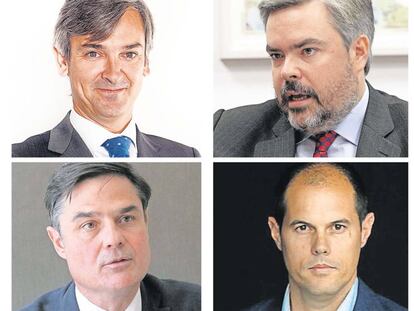 De arriba a abajo, y de izquierda a derecha, Rafael Soldevilla, director de productos de A&G Banca Privada; Manuel Gutiérrez-Mellado, director de negocio institucional de BlackRock para España y Portugal; José Luis del Río, consejero delegado de Arcano Asset Management; y Pablo Rodríguez, socio de iAdvise Partners.