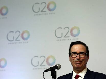 El secretario del Tesoro de EEUU, Steven Mnuchin, durante la rueda de prensa al cierre del la cumbre del G-20.