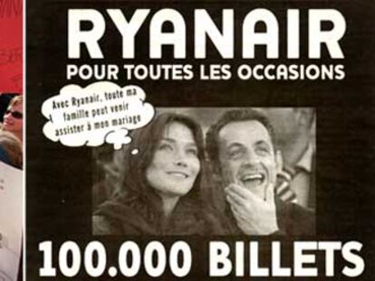 De izquierda a derecha, campaña de Ryanair en Barcelona, anuncio con Sarkozy y Carla Bruni hablando del cheque- bebé.