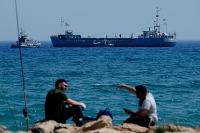 The ship loaded with 240 tons of canned food bound for Gaza stands just outside the Cypriot port of Larnaca, Cyprus, on March 30, 2024.