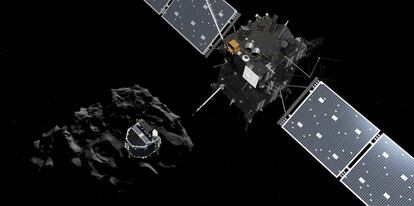 Recreación de la separación del aterrizador Philae de la sonda espacial Rosetta de la ESA.