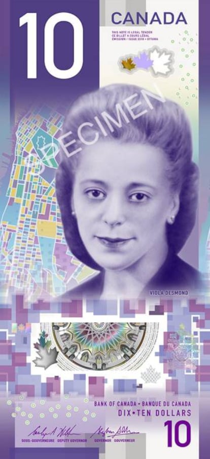 El billete de 10 dólares canadienses con Viola Desmond.