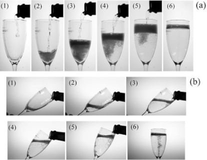 Secuencia de imágenes de la formación de burbujas al verter el champagne verticalmente (a) y con la copa inclinada (b).