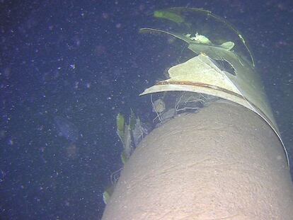 A damaged Balticconnector gas pipeline that connects Finland and Estonia is pictured in this undated handout picture in the Baltic Sea.