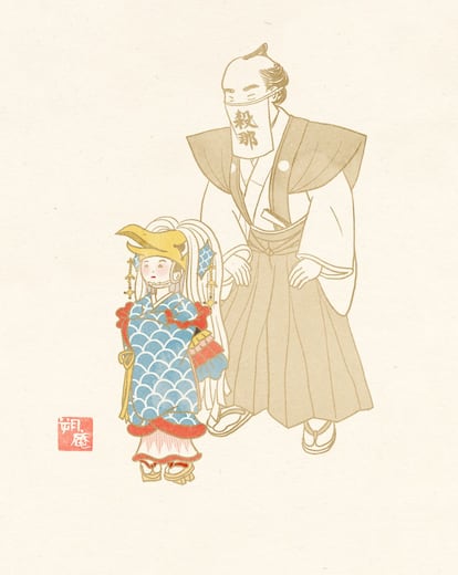 En la versión de Sakuan Izumi, Amabie es el disfraz de un niño: “He dibujado este 'yokai' para recordar la pandemia cuando haya acabado”, dice.