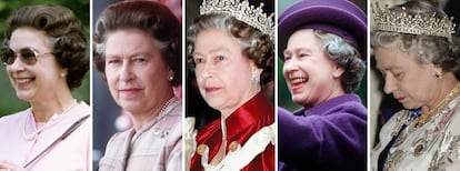 La evolución del pelo de Isabel II de Inglaterra. De izquierda a derecha en 1982, 1988, 1990, 1991 y 1993.