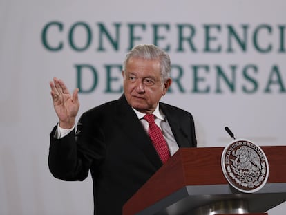 El presidente de México, Andrés Manuel López Obrador, en la rueda de prensa matutina en Palacio Nacional.