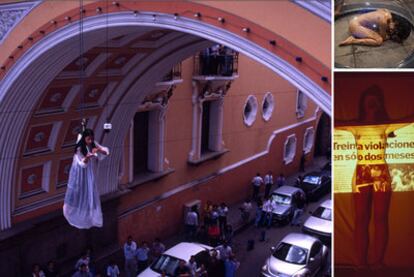 Imagen del vídeo sobre la<i> performance Lo voy a gritar al viento (1999). </i>A la derecha, arriba, imagen de la performance Caparazón (2010). Debajo, imagen del la <i>performance El dolor en un pañuelo (1999), </i>de Regina José Galindo.