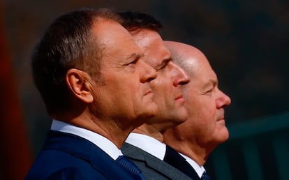 From left, Polish Prime Minister Donald Tusk; the president of France, Emmanuel Macron, and the chancellor of Germany, Olaf Scholz, in Berlin.